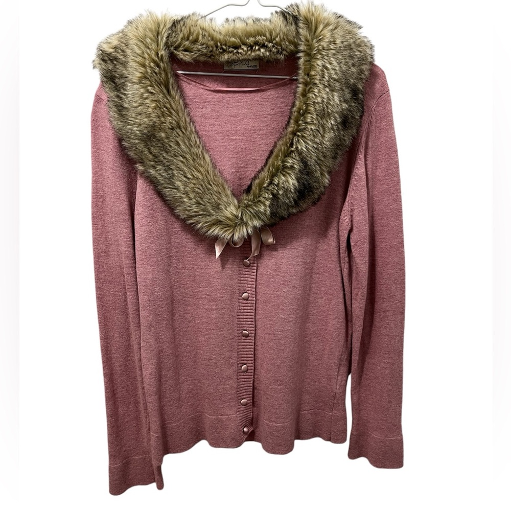 FAUX FUR TRIMMED PINK CASHMERE BLEND CARDIGAN